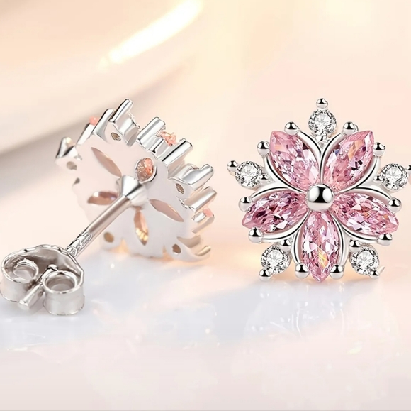 Cherry Blossom Stud Zircon Sterling Silver Plated Earrings - Picture 5 of 5